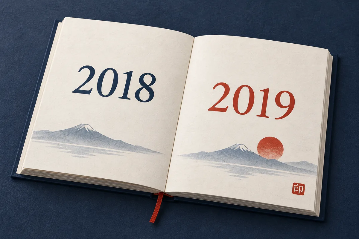2018年と2019年の年号の変化を表す和風の年鑑
